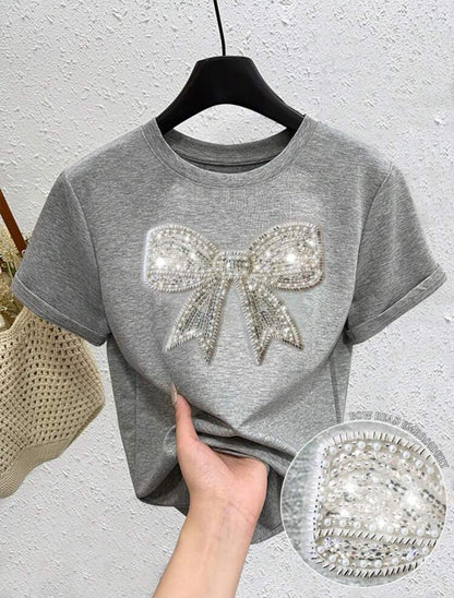 Sequins Bow T-Shirt - Gray