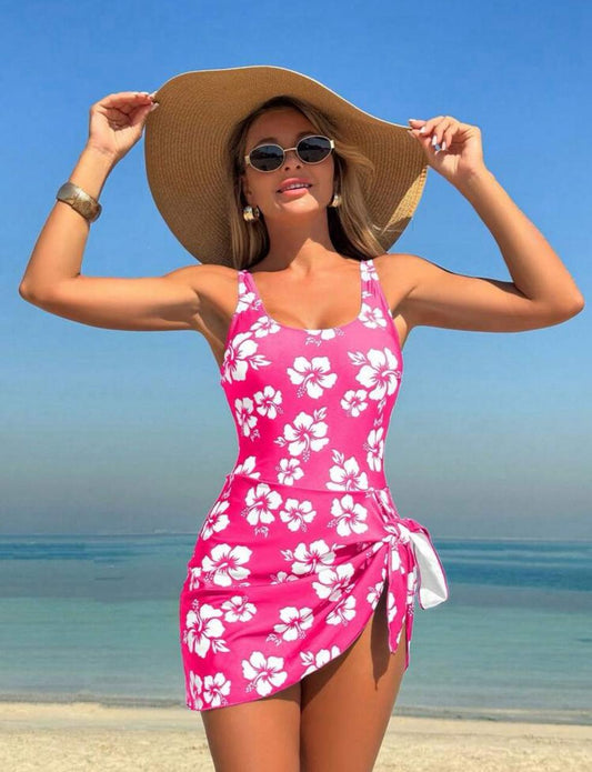 Floral Pring Swimsuit Dress - Pink