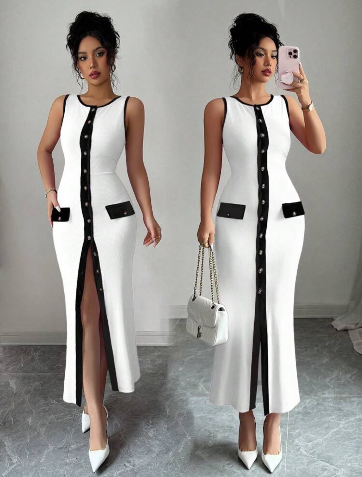 Sleeveless open front Knit Dress - White